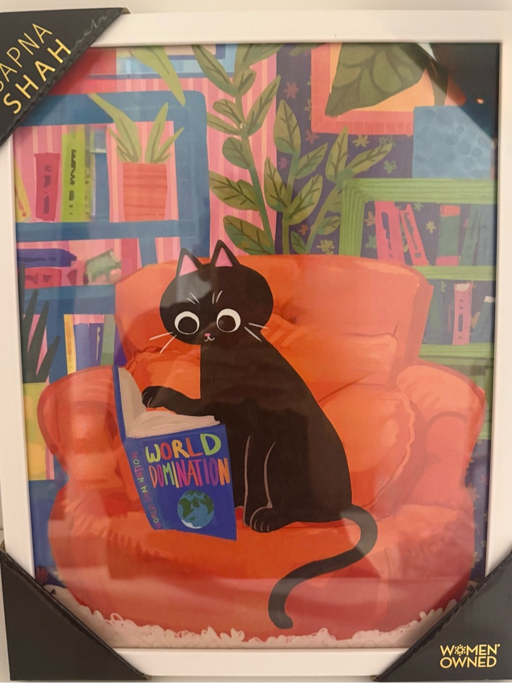Sapna Shah Framed Wall Art Print 11x14  Cat Reading World Domination Book Modern